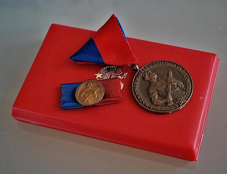 Militair Medaille met revers speld, Brons in Doos Volksleger, Antiek en Kunst, Curiosa en Brocante, Verzenden