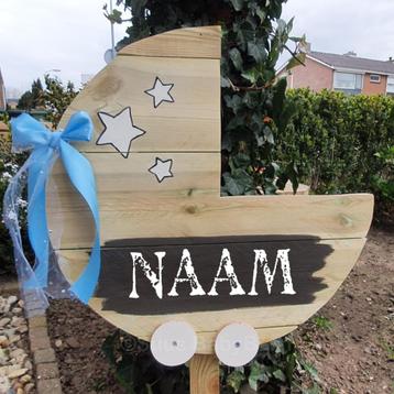 Geboortebord Kinderwagen met Blauwe Strik, Sterren, Naambord beschikbaar voor biedingen