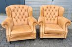 2x Chesterfield lounge fauteuil leer + GRATIS BEZORGING, Gebruikt, Chesterfield, Ophalen of Verzenden, Leer