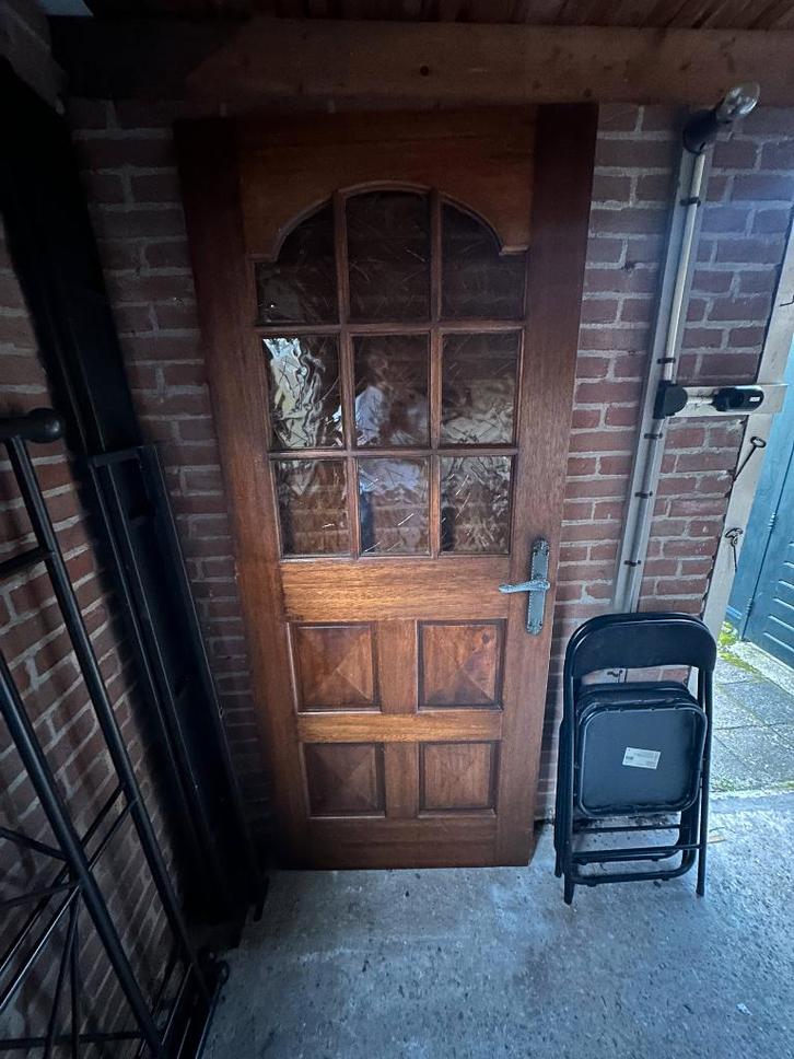 Massief houten binnendeur met geel figuurglas, Doe-het-zelf en Verbouw, Deuren en Horren, Gebruikt, Binnendeur, 200 tot 215 cm