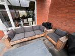 *Gratis* Steigerhouten bank en stoel met kussens, Tuin en Terras, Ophalen, 4 zitplaatsen, Gebruikt, Steigerhout