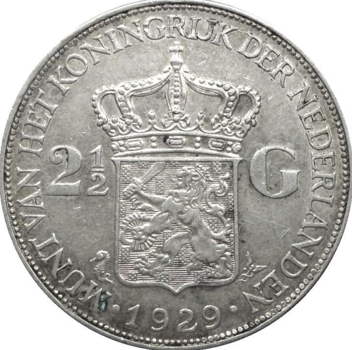Nederland 2,5 gulden 1929 (zilver), Postzegels en Munten, Munten | Nederland, Losse munt, 2½ gulden, Koningin Wilhelmina, Zilver