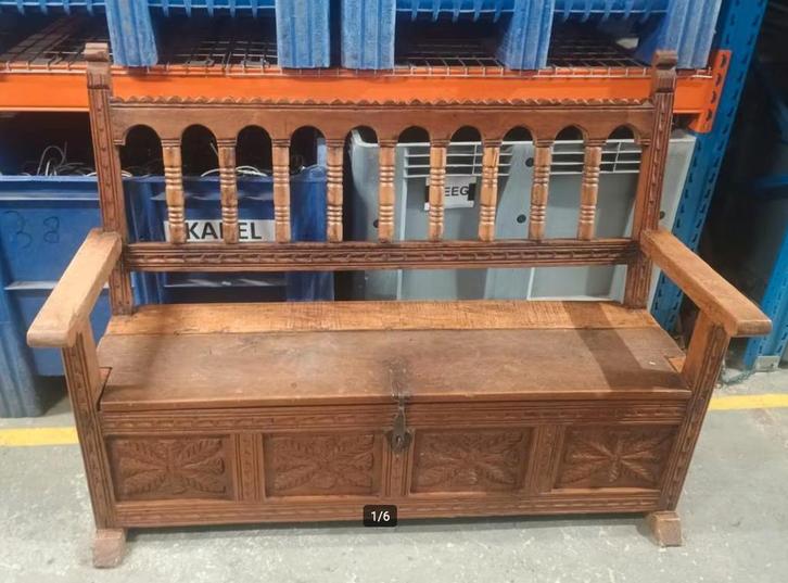 Antieke bank - klepbank eikenhout met Houtsnijwerk, Antiek en Kunst, Antiek | Meubels | Stoelen en Banken, Ophalen