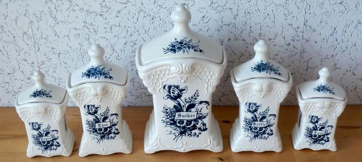 5 mooie T.Delfts bleau voorraadpotten met deksel, Verzamelen, Retro, Overige typen, Ophalen of Verzenden