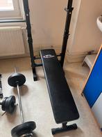 Fitness drukbank met 2 dumbells, grote stang en gewichten, Sport en Fitness, Gebruikt, Ophalen of Verzenden