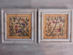 2  vintage schilderijen van vogels in white wash lijsten, Ophalen of Verzenden, Zo goed als nieuw, Schilderij, Minder dan 50 cm