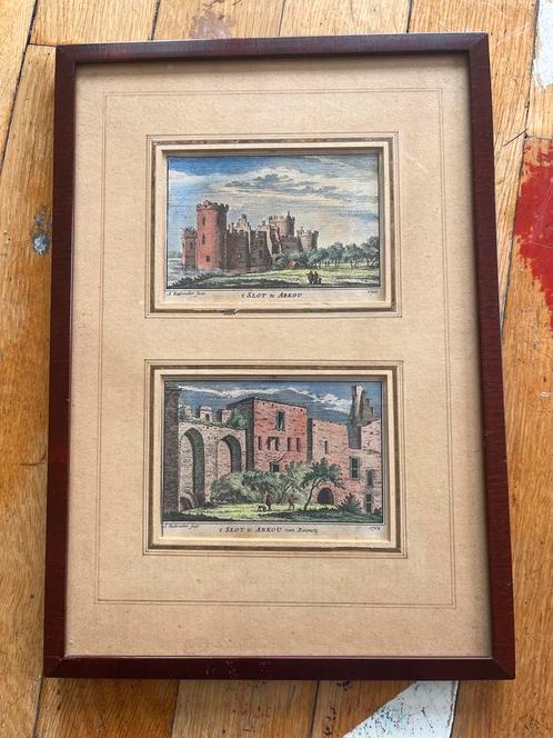 2 Oude Prenten Slot Abcoude - 18e Eeuw, Ingelijst, Antiek en Kunst, Kunst | Etsen en Gravures, Ophalen of Verzenden