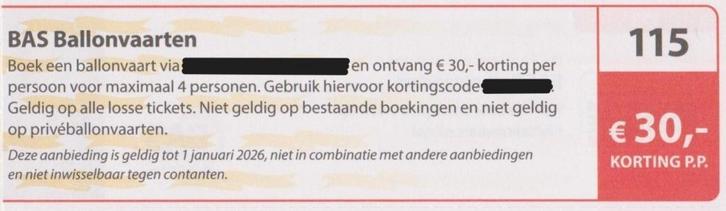 BAS Ballonvaarten € 30,- korting pp. Postcodeloterij bon 115, Tickets en Kaartjes, Kortingen en Cadeaubonnen, Drie personen of meer