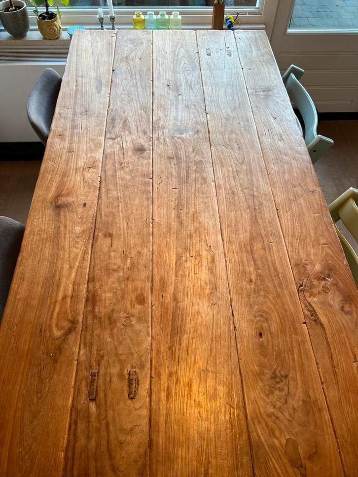 Teak eettafel met stalen onderstel, Huis en Inrichting, Tafels | Eettafels, Gebruikt, 50 tot 100 cm, 150 tot 200 cm, Vier personen