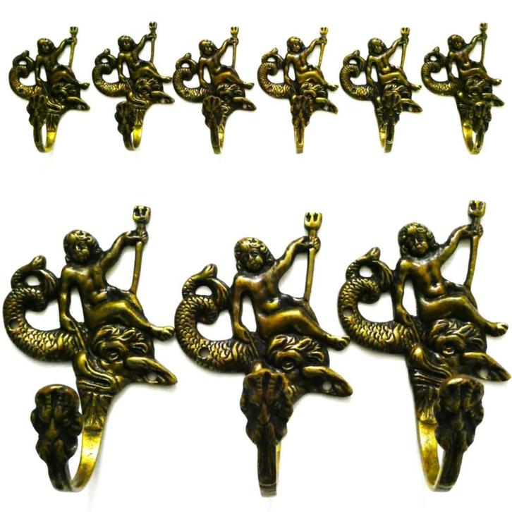 6 Unieke kapstokhaken haak met Neptunus zeegod met vis, Antiek en Kunst, Antiek | Overige Antiek, Ophalen of Verzenden
