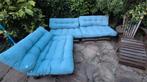 Palletbank tuinset met lichtblauwe kussens, Tuin en Terras, Tuinsets en Loungesets, Ophalen, 4 zitplaatsen, Gebruikt, Loungeset