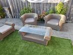 Tuinset 2 stoelen tafel met glas en hocker of voetenbank, Ophalen, Zo goed als nieuw, Hocker, 2 zitplaatsen