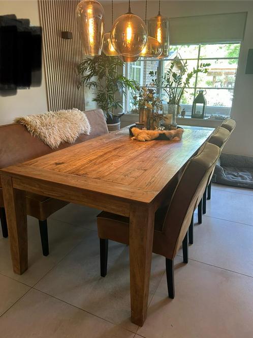 Eettafel robuust eiken 220x100 met eetbank en stoelen cognac, Huis en Inrichting, Complete eetkamers, Zo goed als nieuw, Ophalen