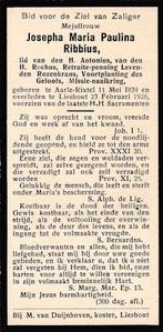 Ribbius Josepha 1839 Aarle -Rixtel 1926 Lieshout, Ophalen of Verzenden, Bidprentje