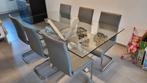 Eettafel met Chrome poten. Glazen eettafel met eetstoelen., Ophalen, Zo goed als nieuw, Eettafel