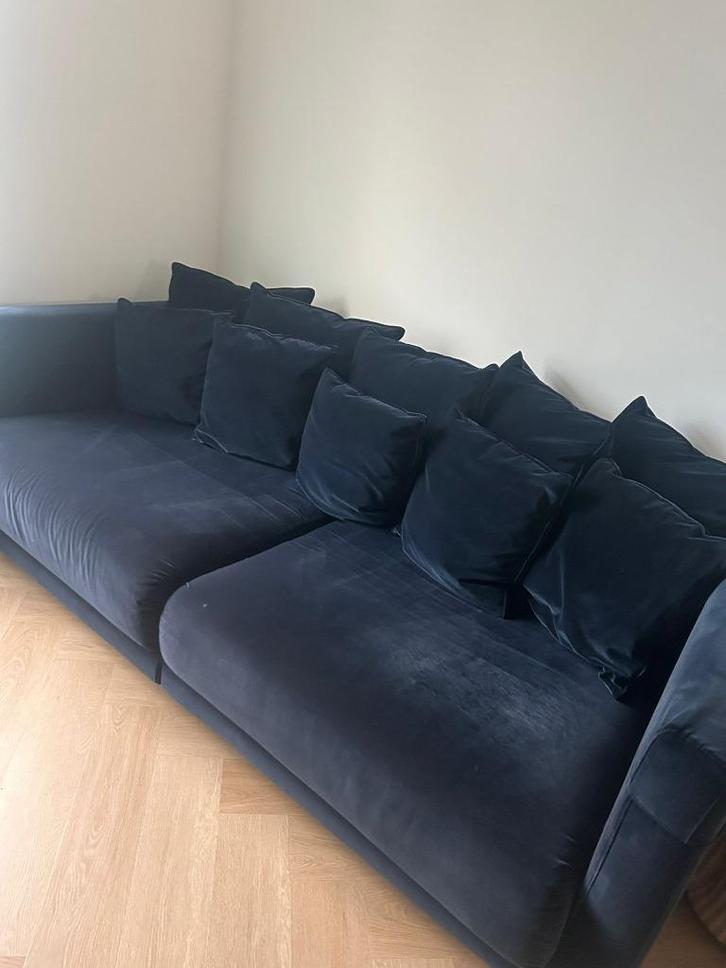 Blauwe velvet 3-zits bank, Huis en Inrichting, Banken | Bankstellen, Gebruikt, Rechte bank, Driepersoons, 200 tot 250 cm, 100 tot 125 cm