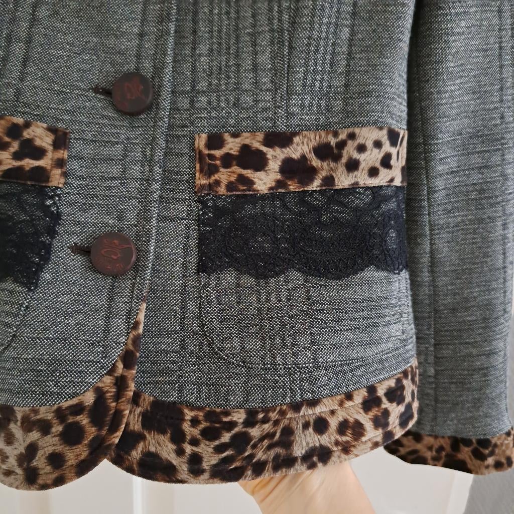 Save the Queen blazer grijs + luipaard + kant zwart S 43527, ., Zo goed als nieuw, Jasje, Maat 36 (S)