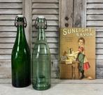Antieke Franse wijnfles van doorzichtig groen glas met ziel, Ophalen of Verzenden