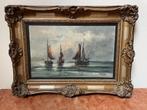 Antiek schilderij met zeilschepen in baroklijst 62x46 cm, Antiek en Kunst, Kunst | Schilderijen | Klassiek, Ophalen