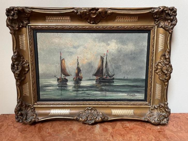 Antiek schilderij met zeilschepen in baroklijst 62x46 cm, Antiek en Kunst, Kunst | Schilderijen | Klassiek, Ophalen