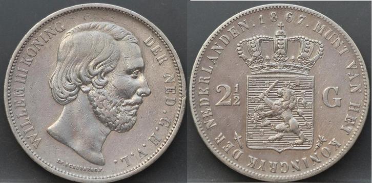 Mooie rijksdaalder 1867 - 2 1/2 gulden 1867 Willem 3, Postzegels en Munten, Munten | Nederland, Losse munt, 2½ gulden, Koning Willem III