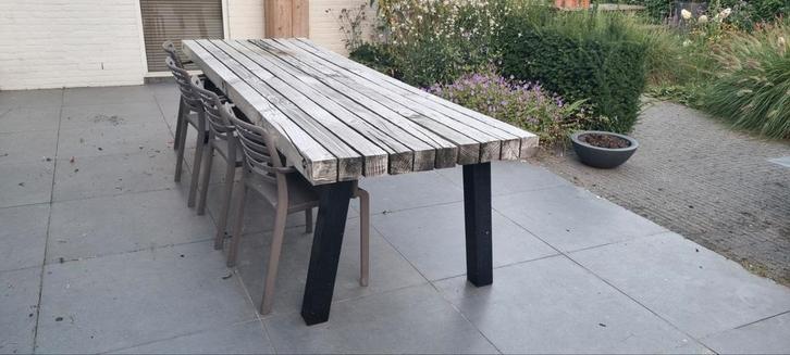 tuintafel hout met stalen onderstel 300x100, Tuin en Terras, Tuintafels, Gebruikt, Rechthoekig, Hout, Ophalen
