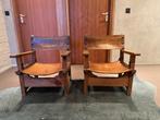 Mooie set eiken brutalist stoelen (Spanje, jaren '50), Huis en Inrichting, Stoelen, Metaal, Twee, Gebruikt, Bruin