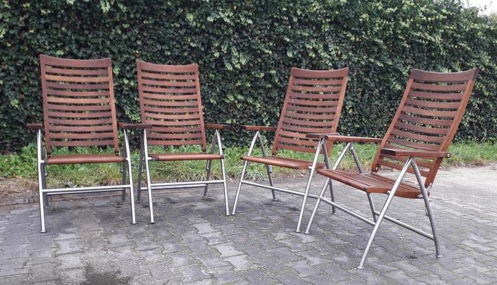 4 Teak/RVS standenstoelen Garden Impressions, inklapbaar, Tuin en Terras, Tuinstoelen, Gebruikt, Teakhout, Inklapbaar, Verstelbaar