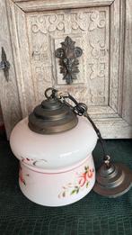 Opaline zachtroze Glazen Hanglamp met Bloemmotief, Ophalen of Verzenden