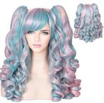 Lolita pruik roze blauw lang haar met krullen en 2 staarten, Nieuw, Pruik of Haarverlenging, Verzenden