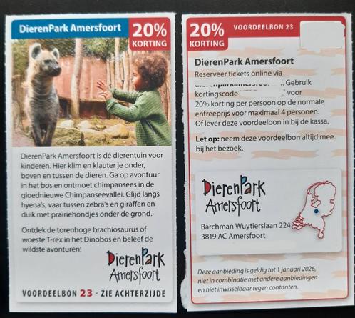 DierenPark Amersfoort 20% korting p.p, Tickets en Kaartjes, Kortingen en Cadeaubonnen, Drie personen of meer, Overige typen, Kortingsbon