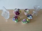 5x bone china bloem-glaskunst + glazen vaas + glazen basket, Antiek en Kunst, Curiosa en Brocante, Ophalen of Verzenden