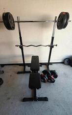 100kg halterset met halterbank en squat/haltersteunen, Ophalen, Zo goed als nieuw, Fitnessbank
