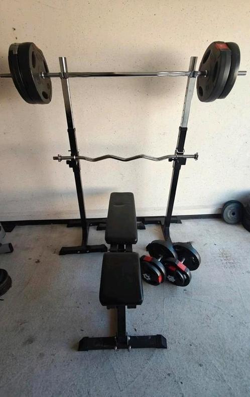 100kg halterset met halterbank en squat/haltersteunen, Sport en Fitness, Fitnessmaterialen, Zo goed als nieuw, Fitnessbank, Ophalen