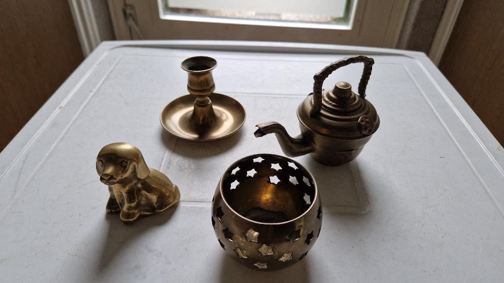4 oude koperen decoratie hond- ketel -kandelaar, Ophalen of Verzenden, Koper