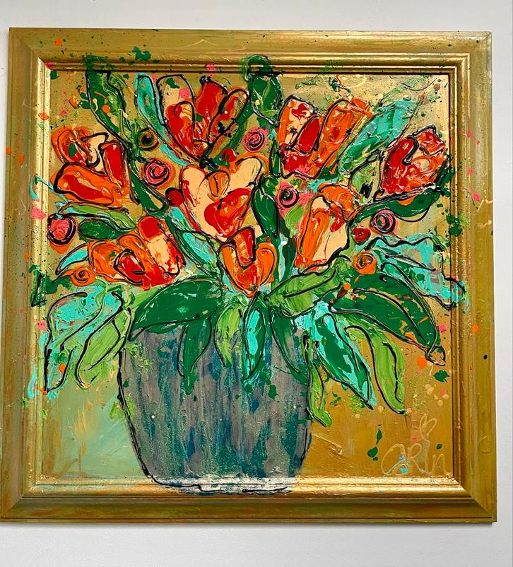 Kleurrijke Bloemen in Lijst - Art Carin, Antiek en Kunst, Kunst | Schilderijen | Abstract, Ophalen of Verzenden