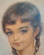 Antiek Schilderij meisje met de bruine ogen, gesigneerd., Ophalen of Verzenden