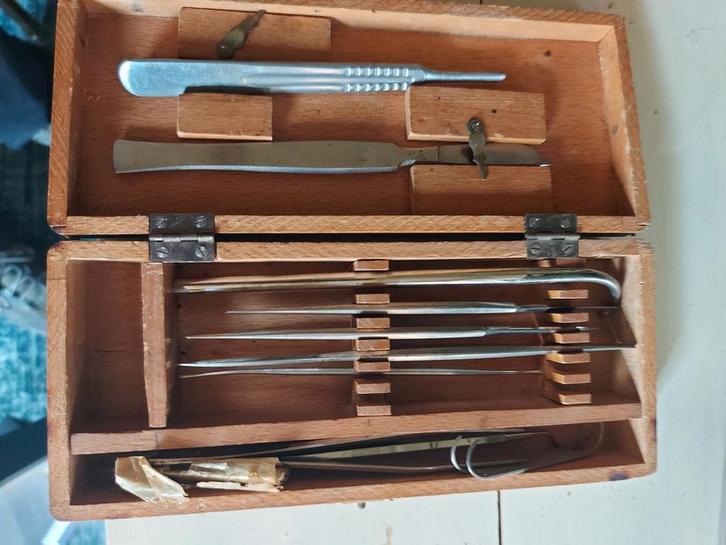Antieke chirurgische instrumenten in houten box, Antiek en Kunst, Antiek | Gereedschap en Instrumenten, Verzenden