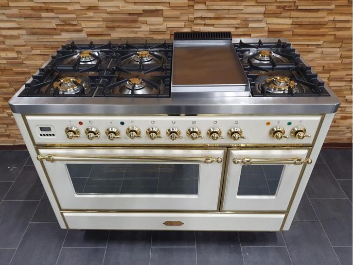 Luxe Boretti Majestic Fornuis 121cm crème + messing frytop, Witgoed en Apparatuur, Fornuizen, Zo goed als nieuw, Vrijstaand, Gas