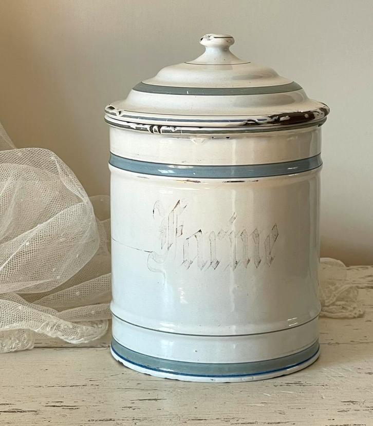 Emaille oude Franse FARINE bus wit met licht blauwe biesjes, Antiek en Kunst, Antiek | Emaille, Verzenden