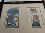 Vier Karin Campfens kleurenetsen van katten, Antiek en Kunst, Kunst | Etsen en Gravures, Ophalen