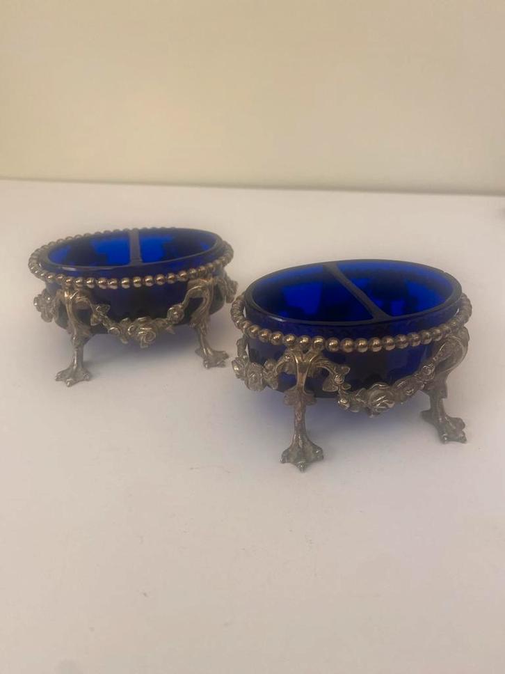 Antieke Zoutvaatjes Kobaltblauw Glas & Zilver (2 stuks) geme, Antiek en Kunst, Antiek | Glas en Kristal, Ophalen of Verzenden
