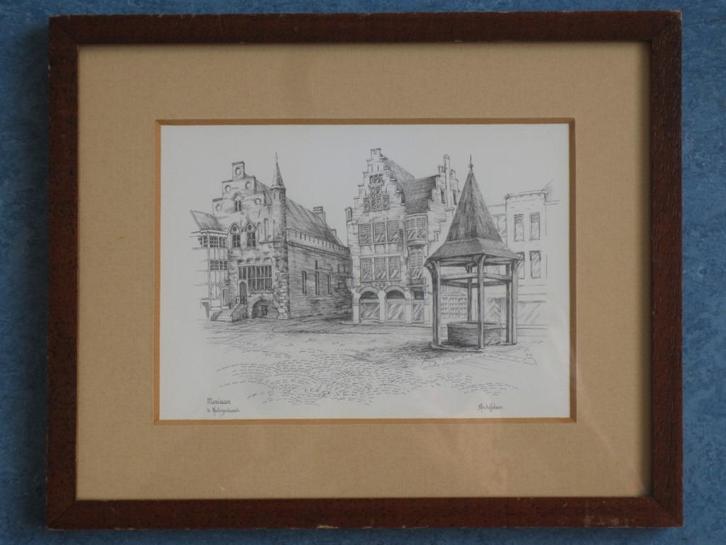De Moriaan Den Bosch Ingelijste pentekening van Schiffeleers, Antiek en Kunst, Kunst | Tekeningen en Foto's, Ophalen of Verzenden