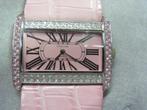 Groot roze horloge met strass steentjes, Overige merken, Leer, Staal, Ophalen of Verzenden