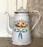 Emaille oude Franse koffiepot met roze bloemen, Ophalen of Verzenden