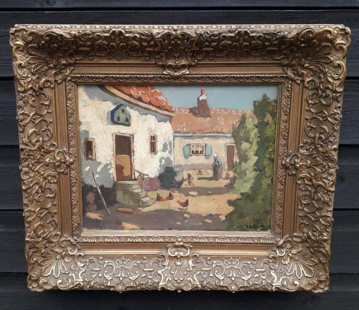 H.Endlich, boerenerf met boerin en kippen, Antiek en Kunst, Kunst | Schilderijen | Klassiek, Ophalen of Verzenden