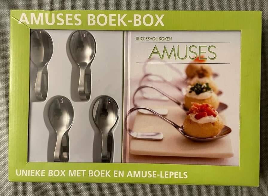 Amuse lepels met boek, Nieuw, Ophalen of Verzenden, Rvs of Chroom, Vaatwasserbestendig