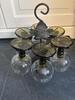 Vintage rekje met 6 glazen, moezel wijnglazen, groen, Glas of Glazen, Gebruikt, Ophalen of Verzenden, Glas