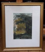 19e eeuwse aquarel - bospad wandelend stel gesigneerd., Ophalen of Verzenden