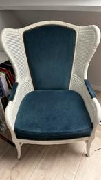Barok stoel, wit rotan met blauwe stof, Gebruikt, Stof, Ophalen of Verzenden